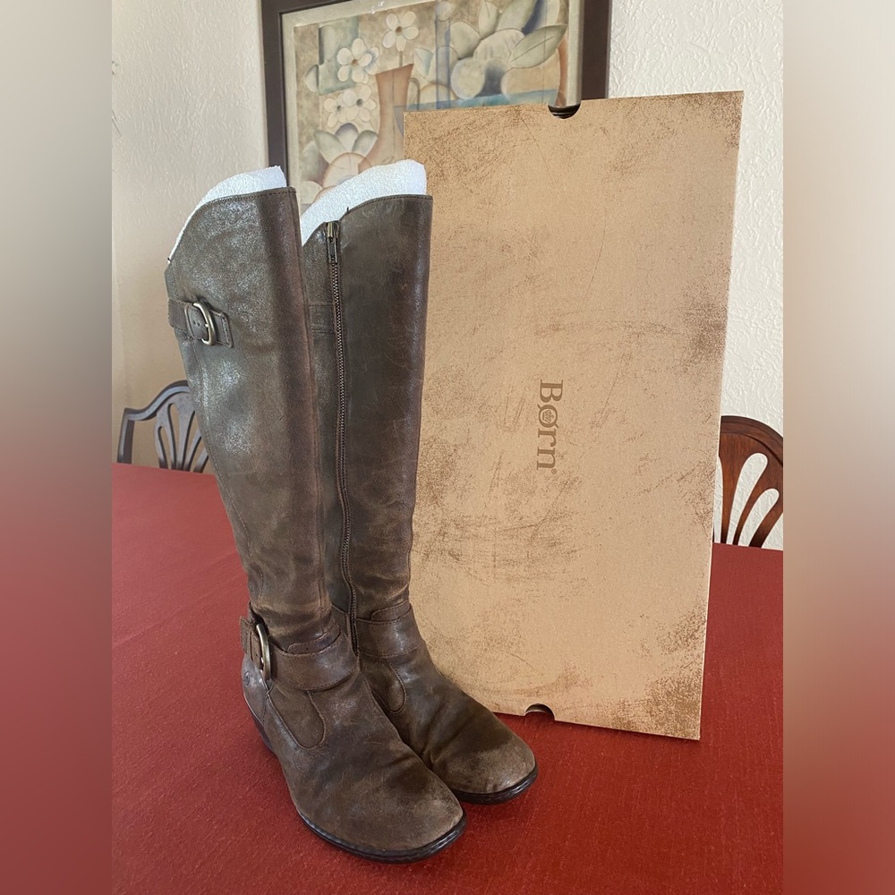 Born Kylli Boots Brown Suede Leather Buckle Riding Knee High Tall Women's 7.5M